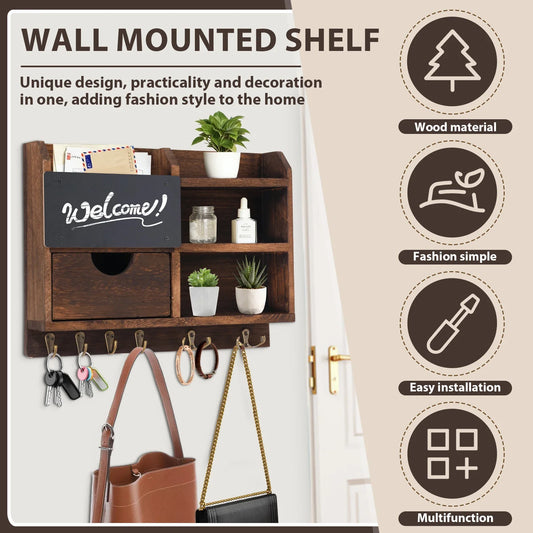 Wall-Mounted Key and Mail Organizer, Wooden Entryway Storage with Hooks