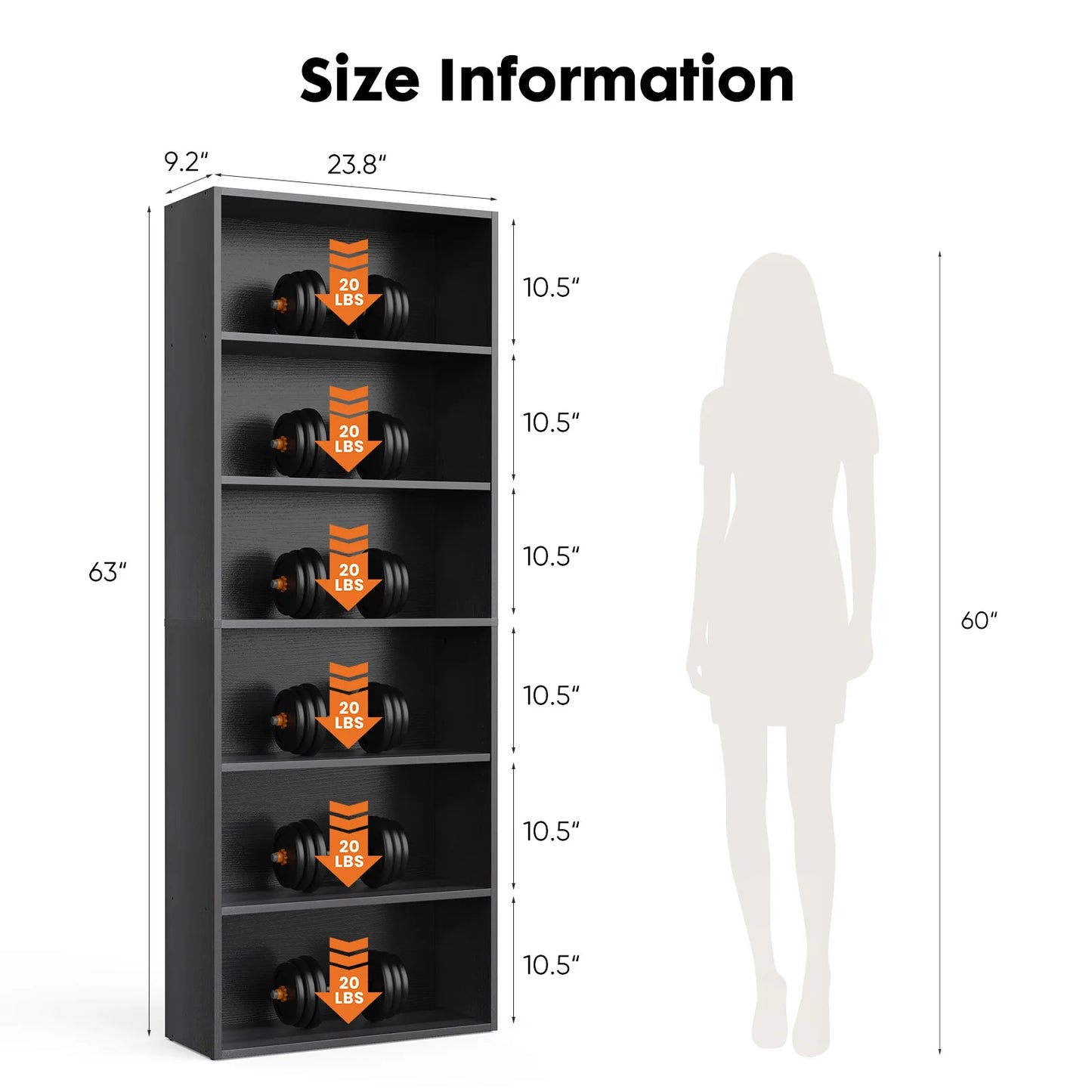 6-Tier Wooden Bookshelf, Tall Open Storage Shelf for Living Room