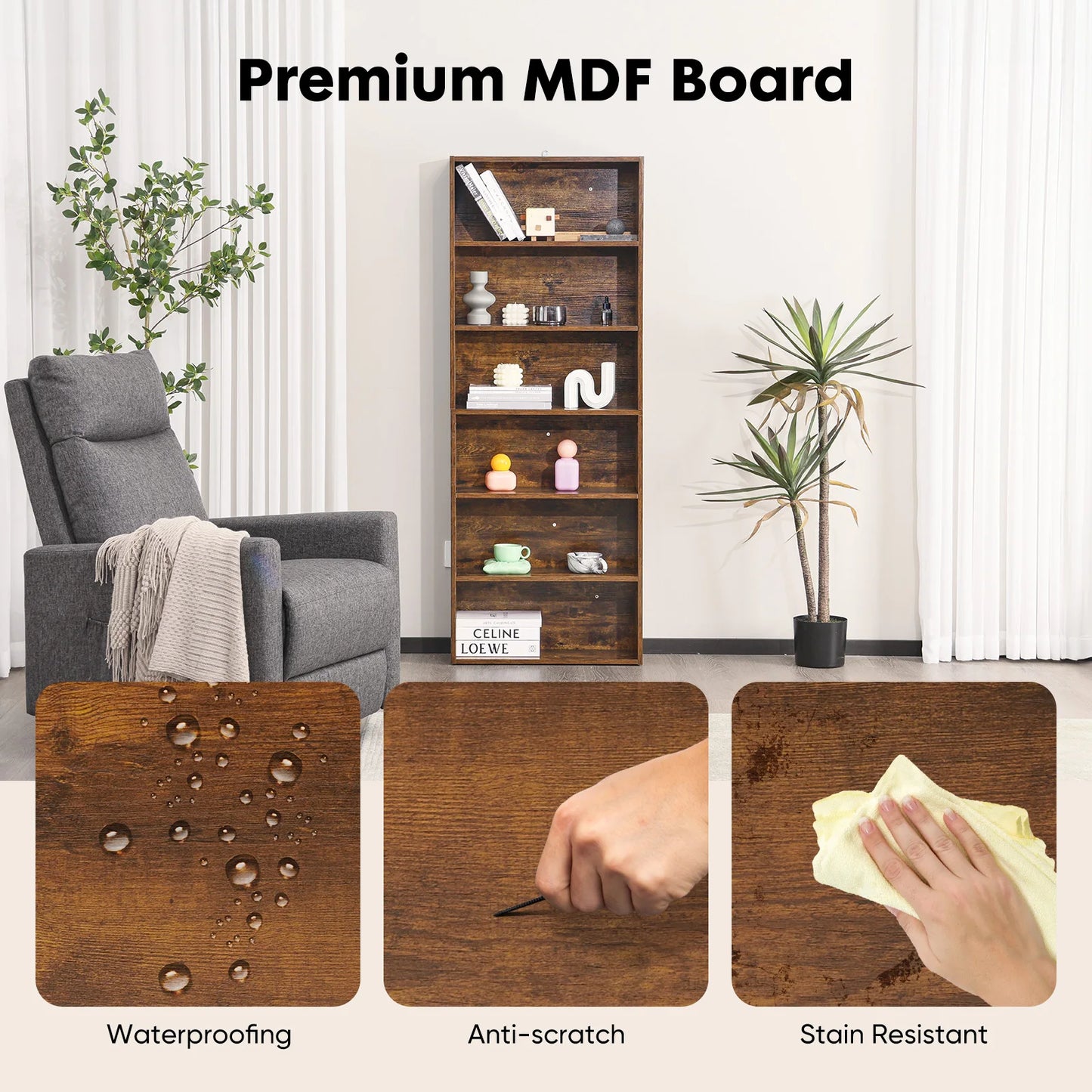 6-Tier Wooden Bookshelf, Tall Open Storage Shelf for Living Room