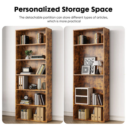 6-Tier Wooden Bookshelf, Tall Open Storage Shelf for Living Room