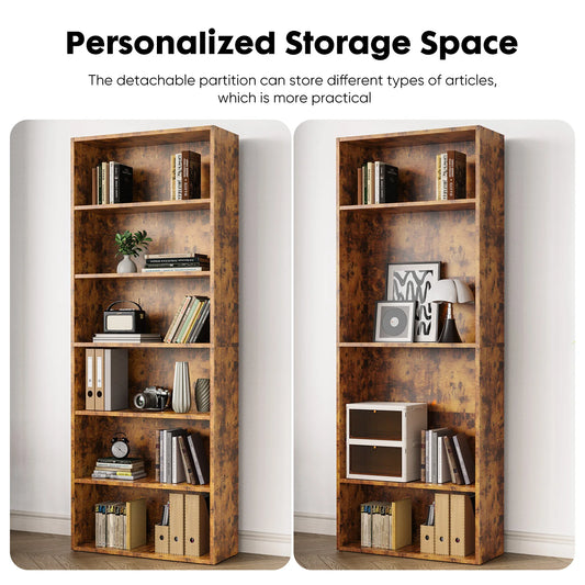 6-Tier Wooden Bookshelf, Tall Open Storage Shelf for Living Room