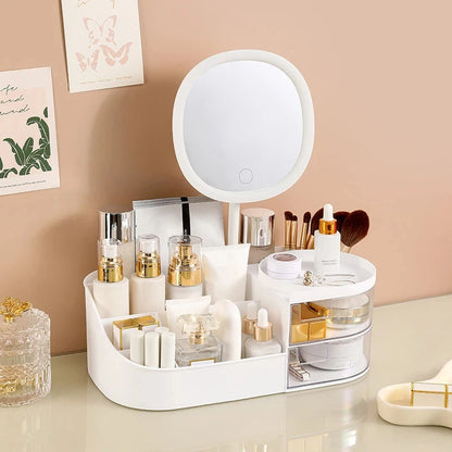 Makeup Organizer with Mirror, Dressing Table Cosmetics Storage Box