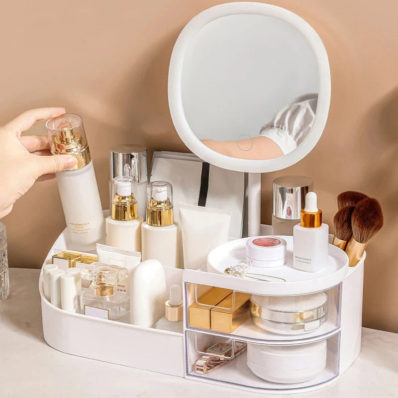 Makeup Organizer with Mirror, Dressing Table Cosmetics Storage Box
