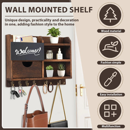 Wall-Mounted Key and Mail Organizer, Wooden Entryway Storage with Hooks