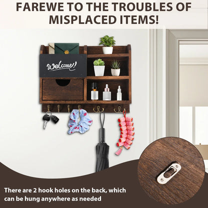 Wall-Mounted Key and Mail Organizer, Wooden Entryway Storage with Hooks