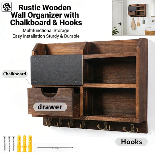 Wall-Mounted Key and Mail Organizer, Wooden Entryway Storage with Hooks