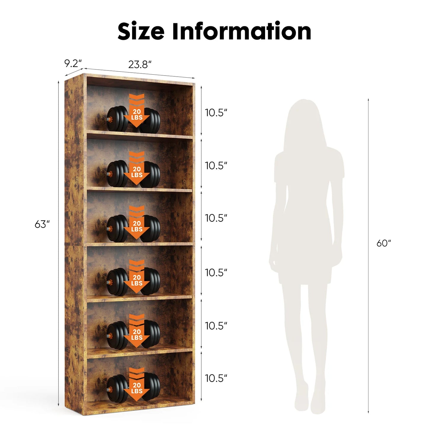 6-Tier Wooden Bookshelf, Tall Open Storage Shelf for Living Room