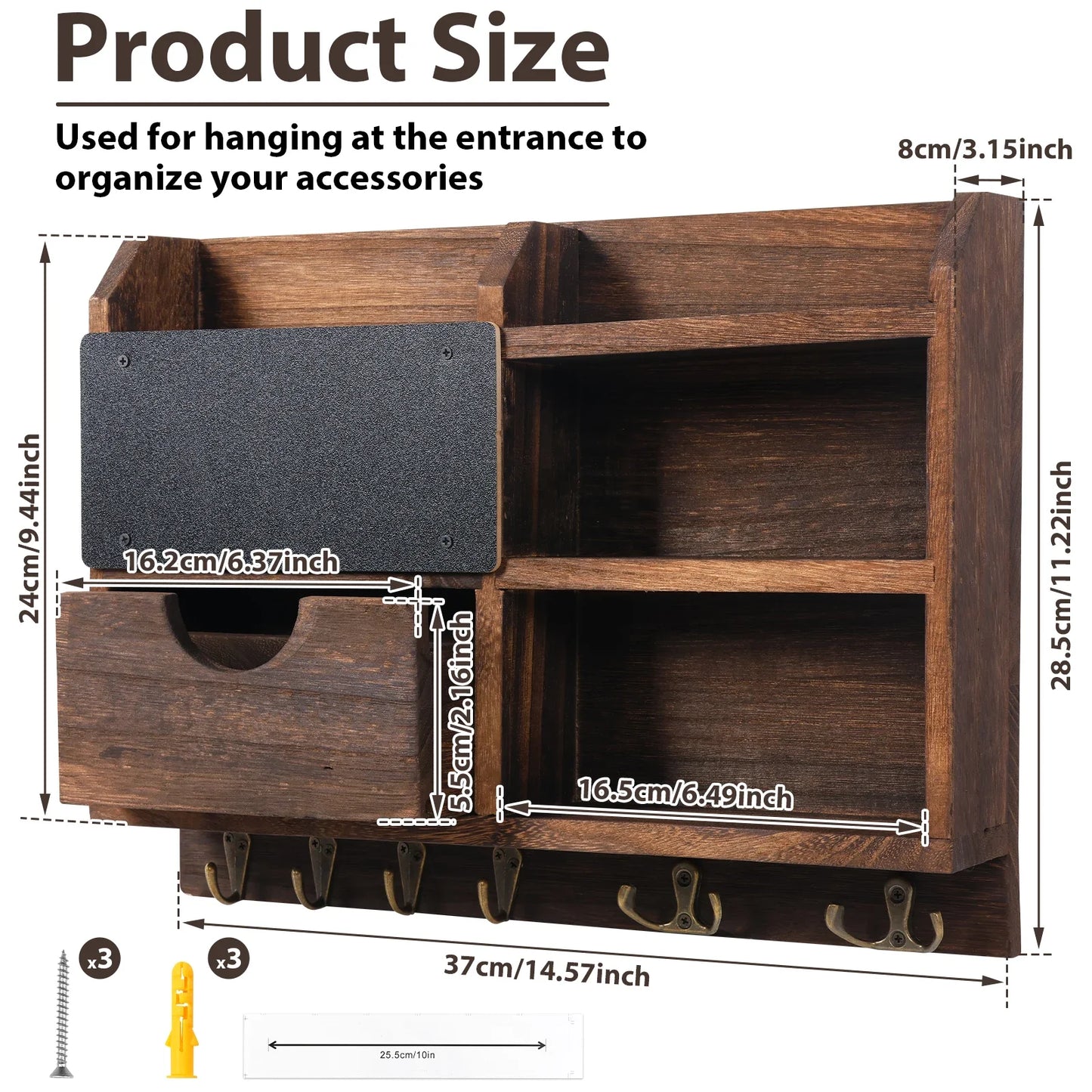 Wall-Mounted Key and Mail Organizer, Wooden Entryway Storage with Hooks