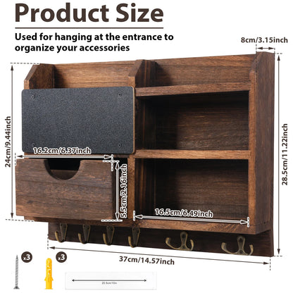 Wall-Mounted Key and Mail Organizer, Wooden Entryway Storage with Hooks