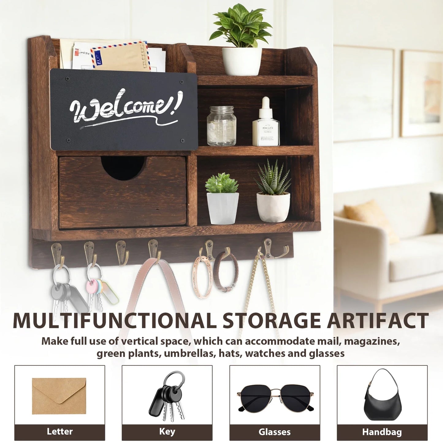 Wall-Mounted Key and Mail Organizer, Wooden Entryway Storage with Hooks