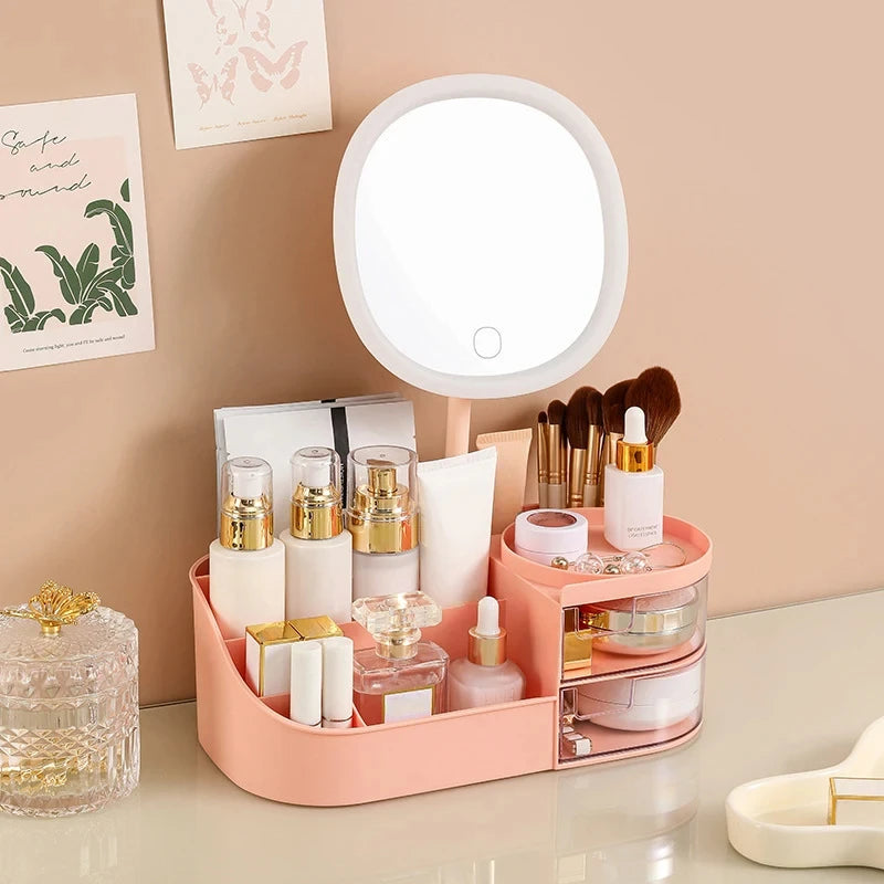 Makeup Organizer with Mirror, Dressing Table Cosmetics Storage Box