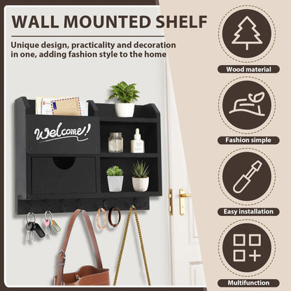 Wall-Mounted Key and Mail Organizer, Wooden Entryway Storage with Hooks