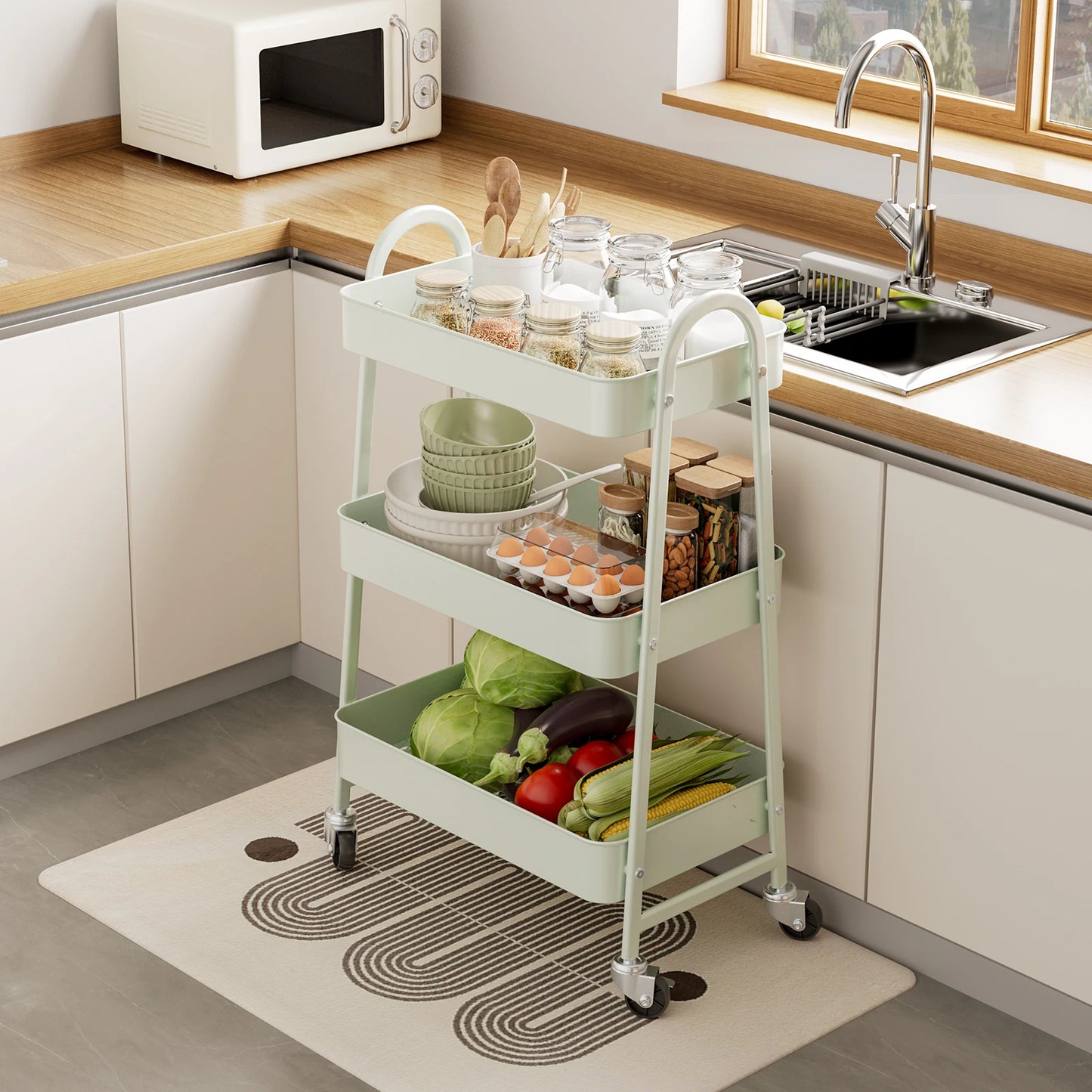 3-Tier Rolling Kitchen Cart, Mobile Storage Trolley with Wheels