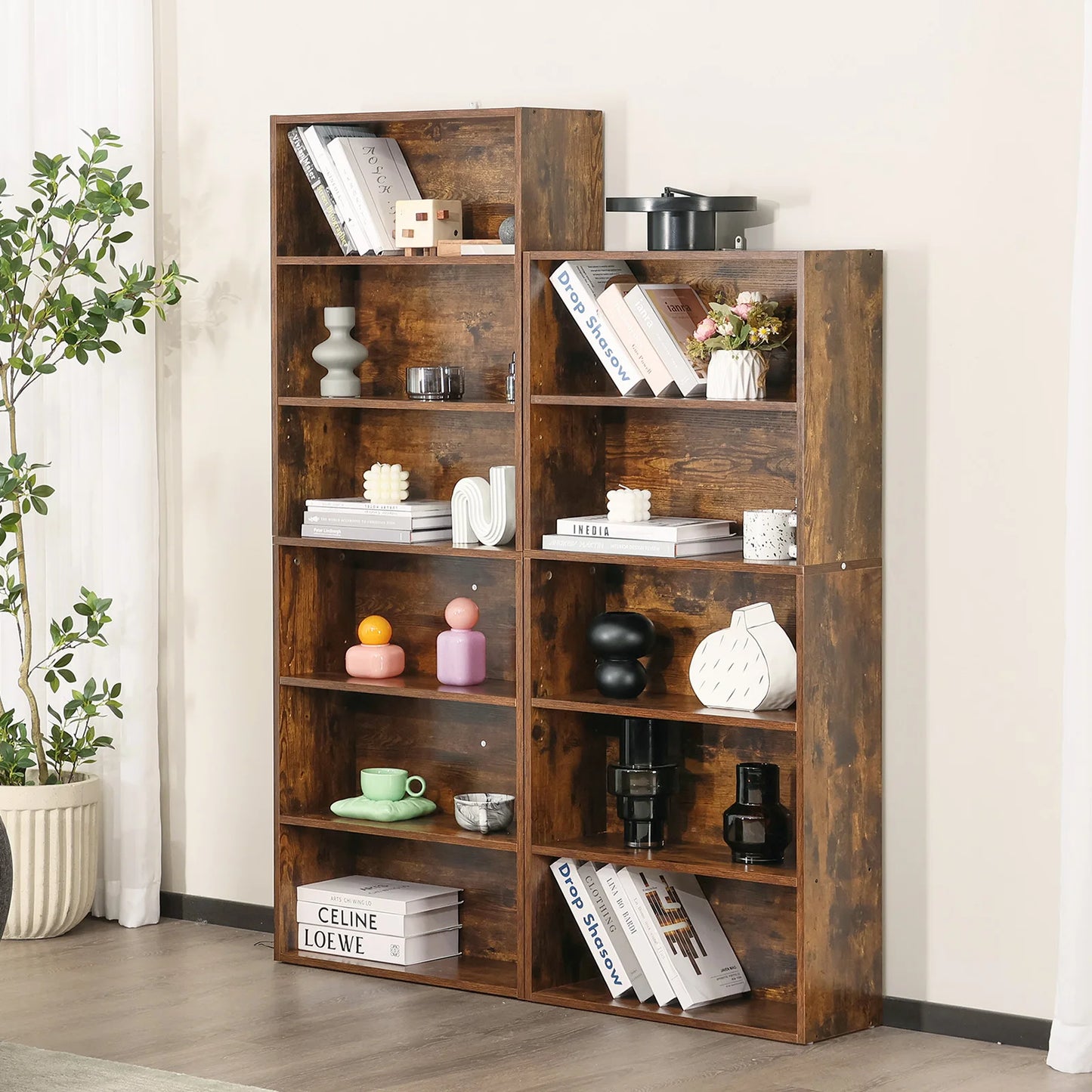 6-Tier Wooden Bookshelf, Tall Open Storage Shelf for Living Room