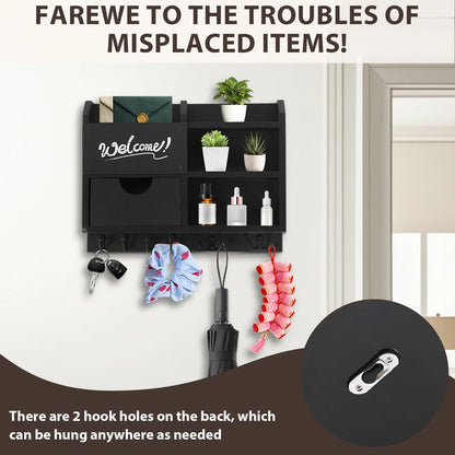 Wall-Mounted Key and Mail Organizer, Wooden Entryway Storage with Hooks