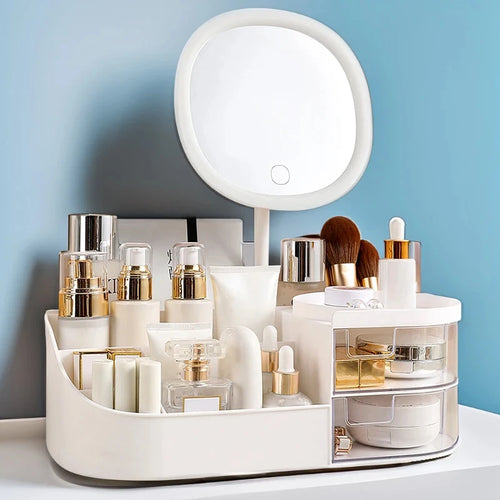 Makeup Organizer with Mirror, Dressing Table Cosmetics Storage Box