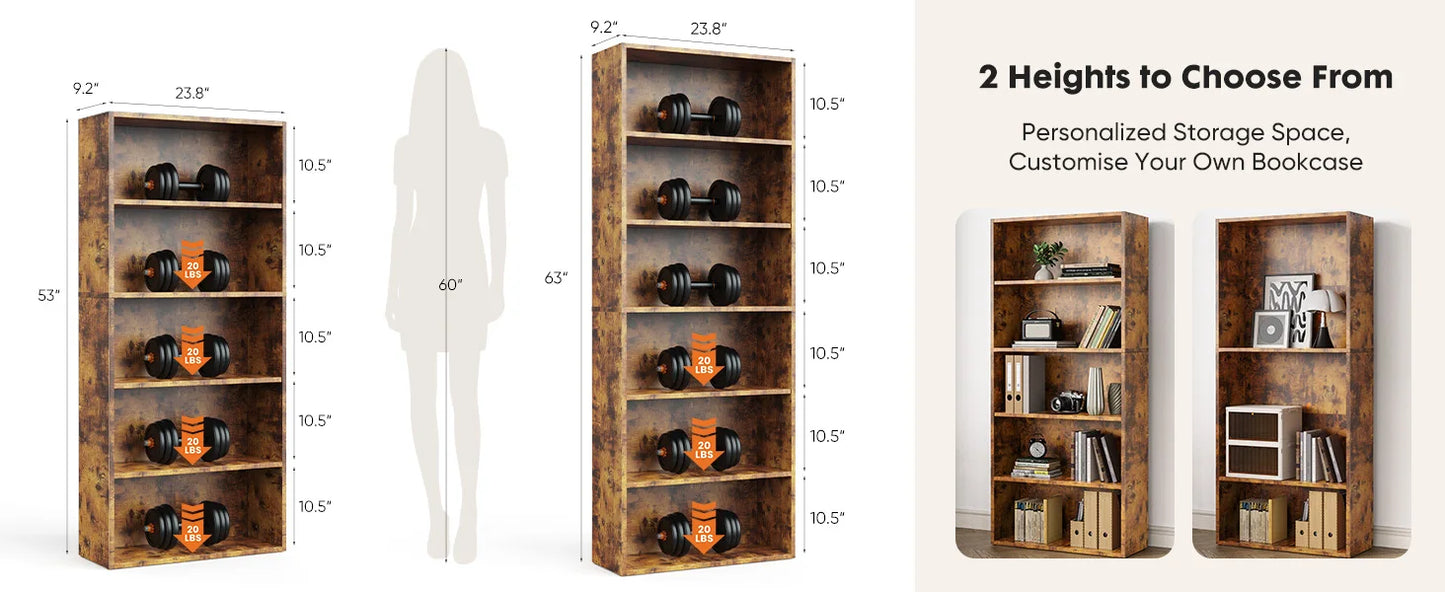 6-Tier Wooden Bookshelf, Tall Open Storage Shelf for Living Room