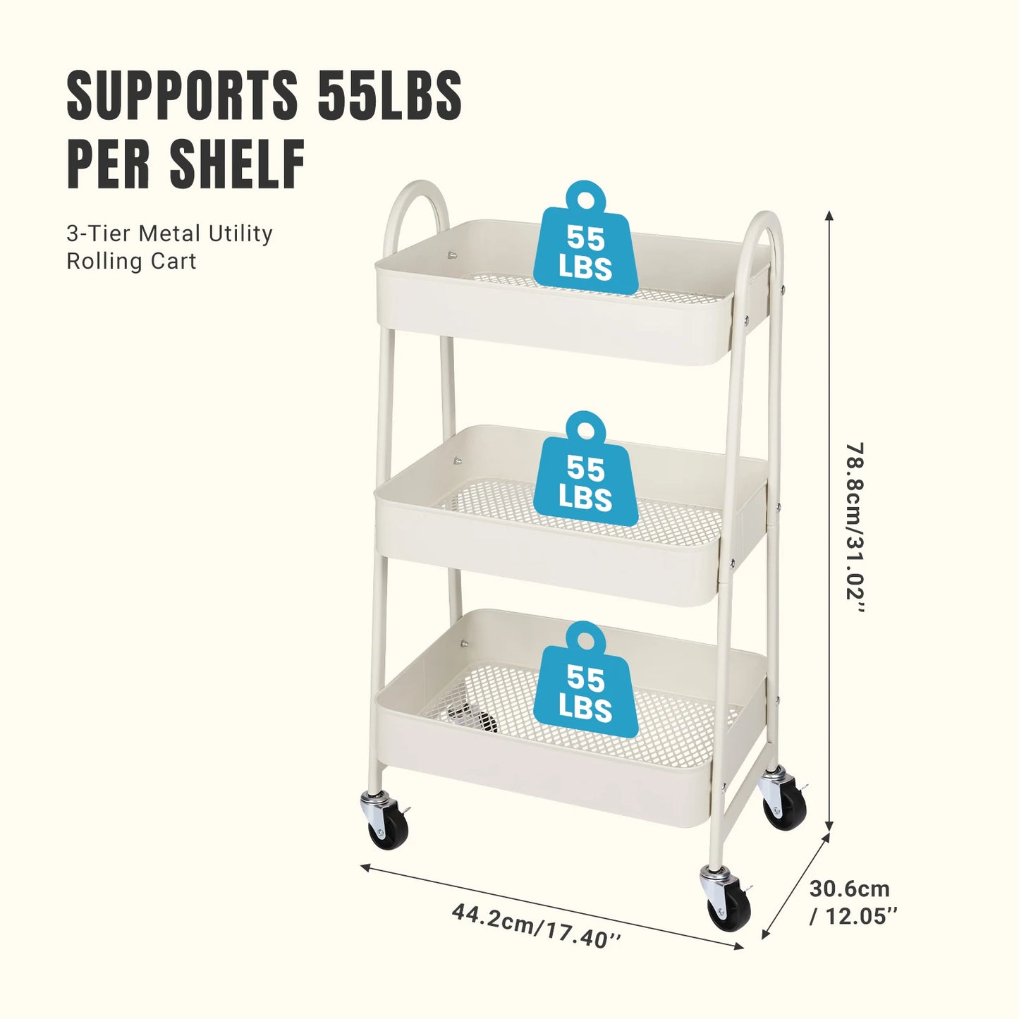3-Tier Rolling Kitchen Cart, Mobile Storage Trolley with Wheels