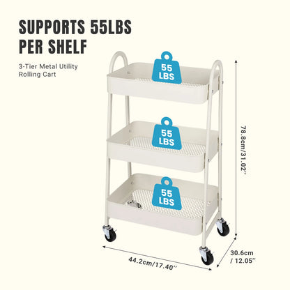 3-Tier Rolling Kitchen Cart, Mobile Storage Trolley with Wheels