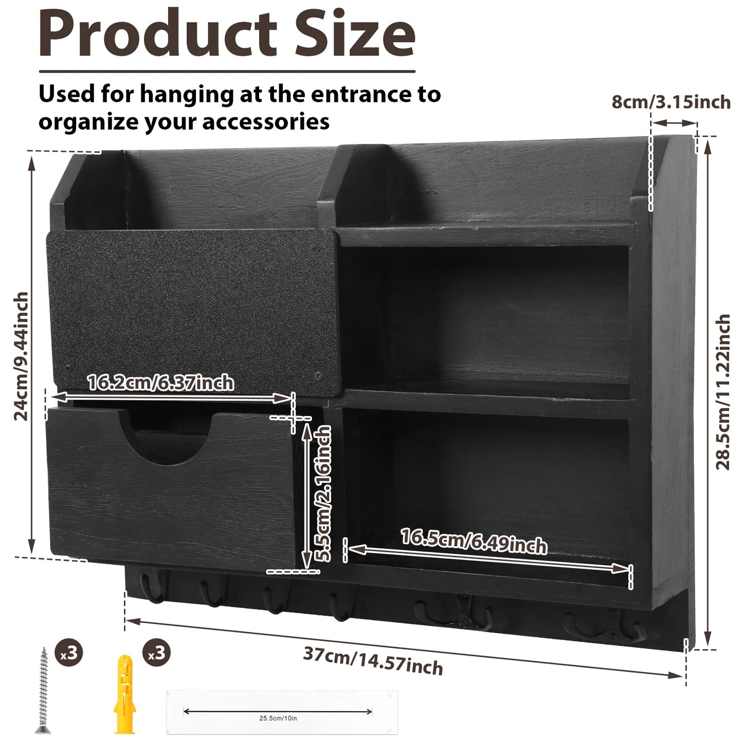 Wall-Mounted Key and Mail Organizer, Wooden Entryway Storage with Hooks