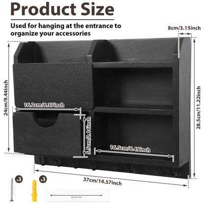 Wall-Mounted Key and Mail Organizer, Wooden Entryway Storage with Hooks