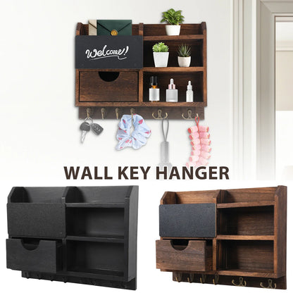 Wall-Mounted Key and Mail Organizer, Wooden Entryway Storage with Hooks