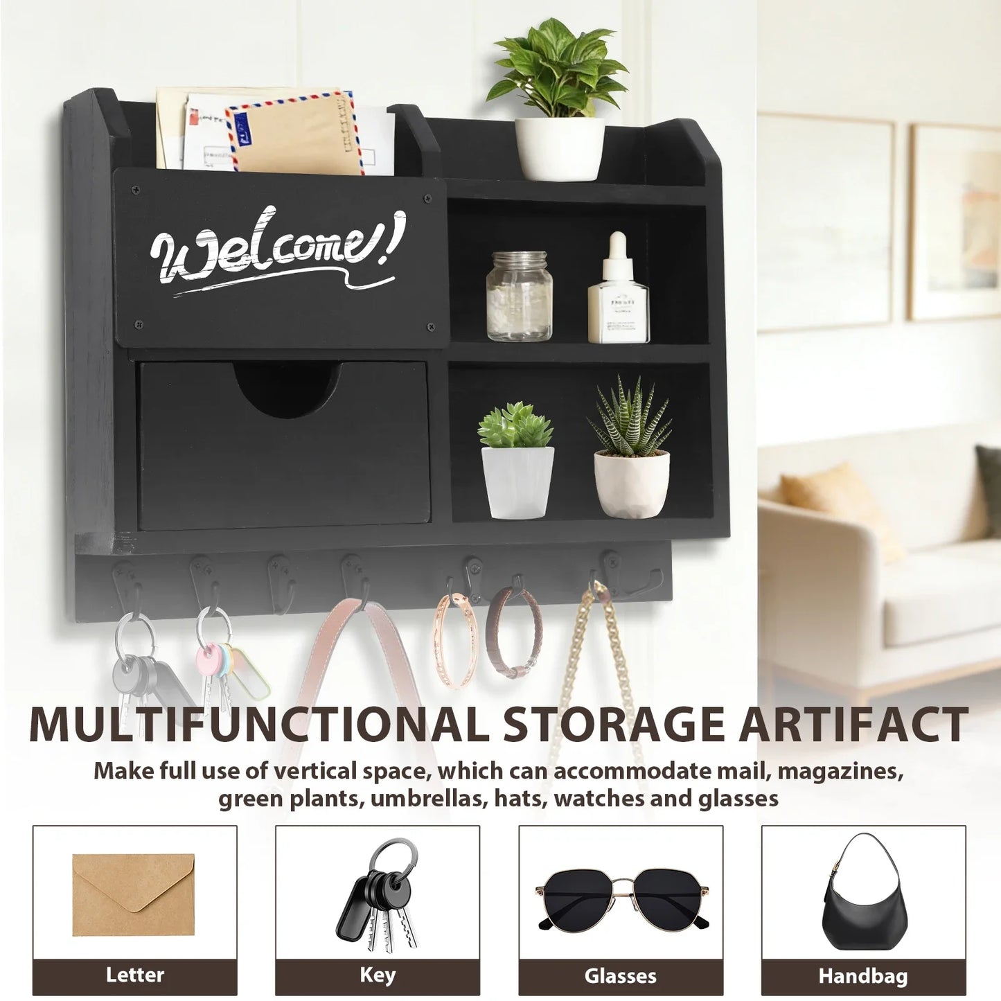 Wall-Mounted Key and Mail Organizer, Wooden Entryway Storage with Hooks