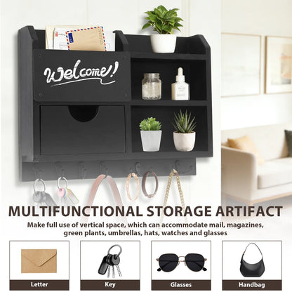 Wall-Mounted Key and Mail Organizer, Wooden Entryway Storage with Hooks
