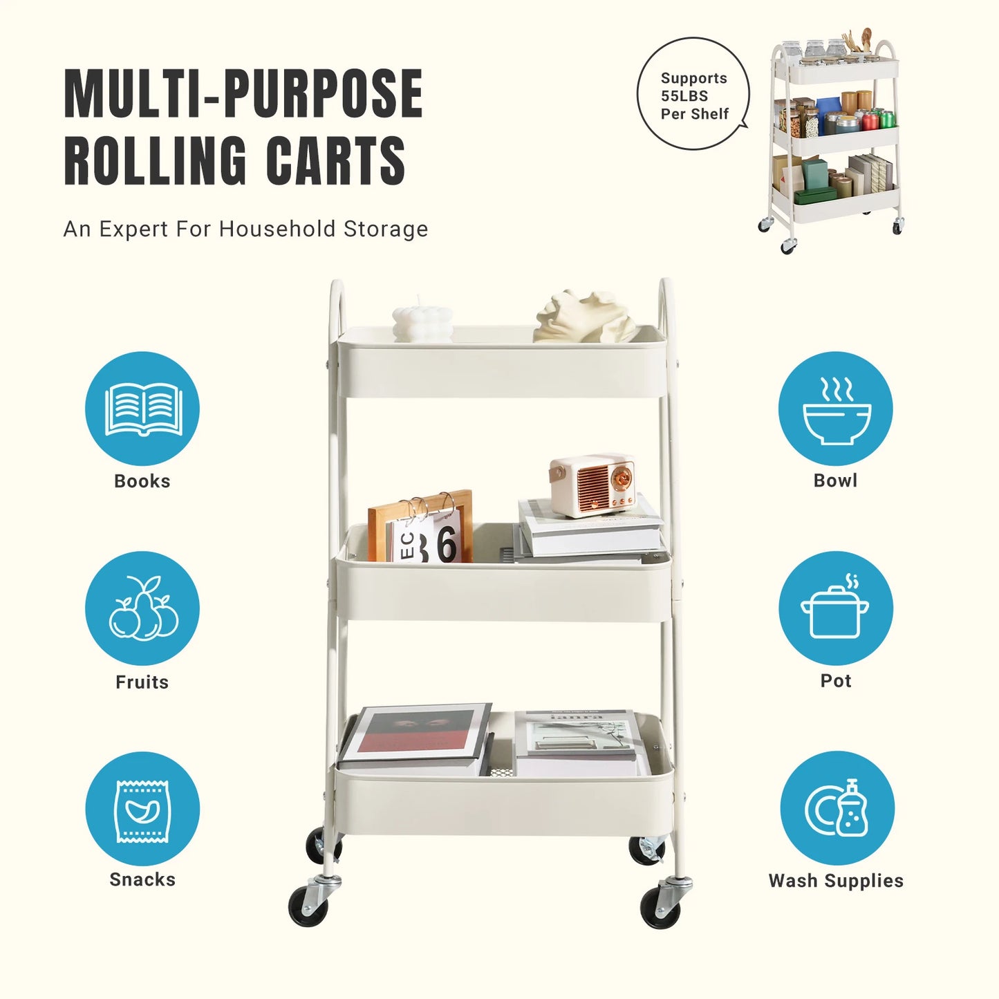 3-Tier Rolling Kitchen Cart, Mobile Storage Trolley with Wheels