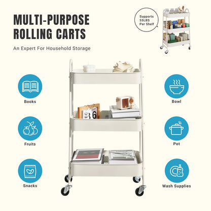 3-Tier Rolling Kitchen Cart, Mobile Storage Trolley with Wheels