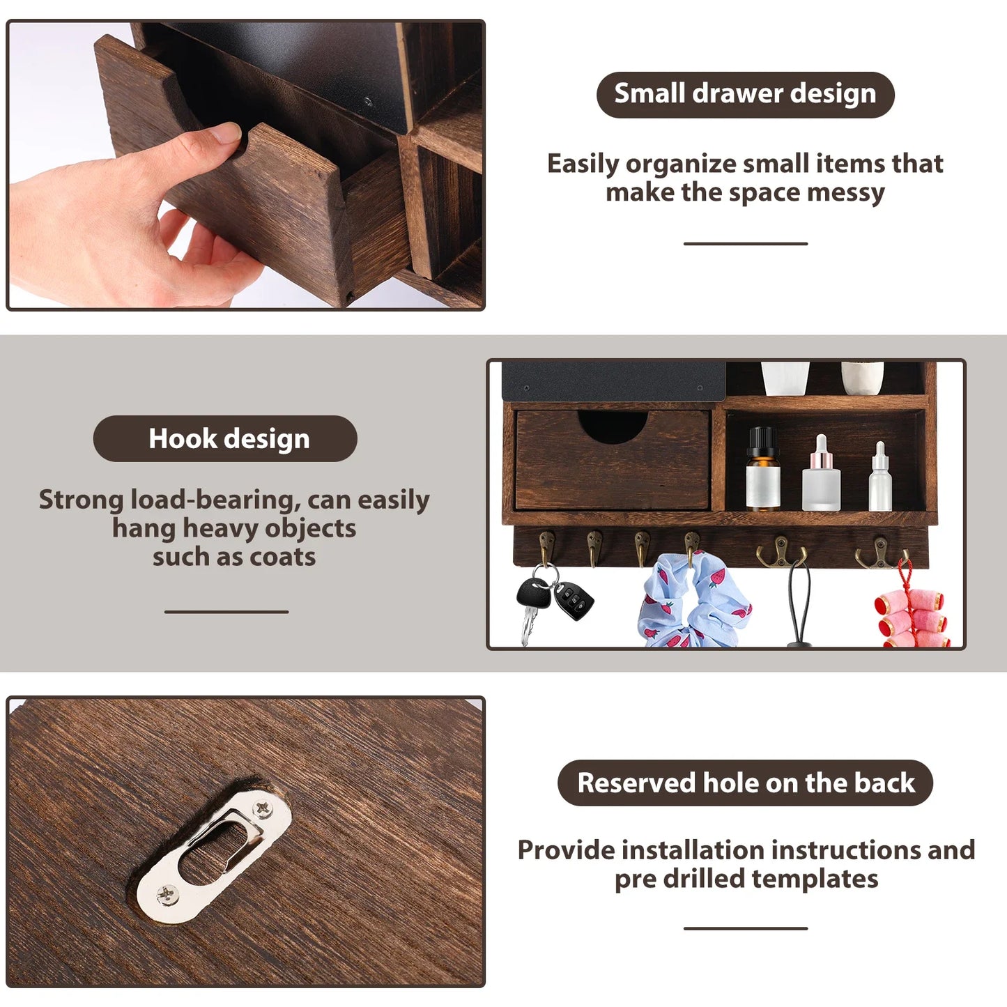 Wall-Mounted Key and Mail Organizer, Wooden Entryway Storage with Hooks