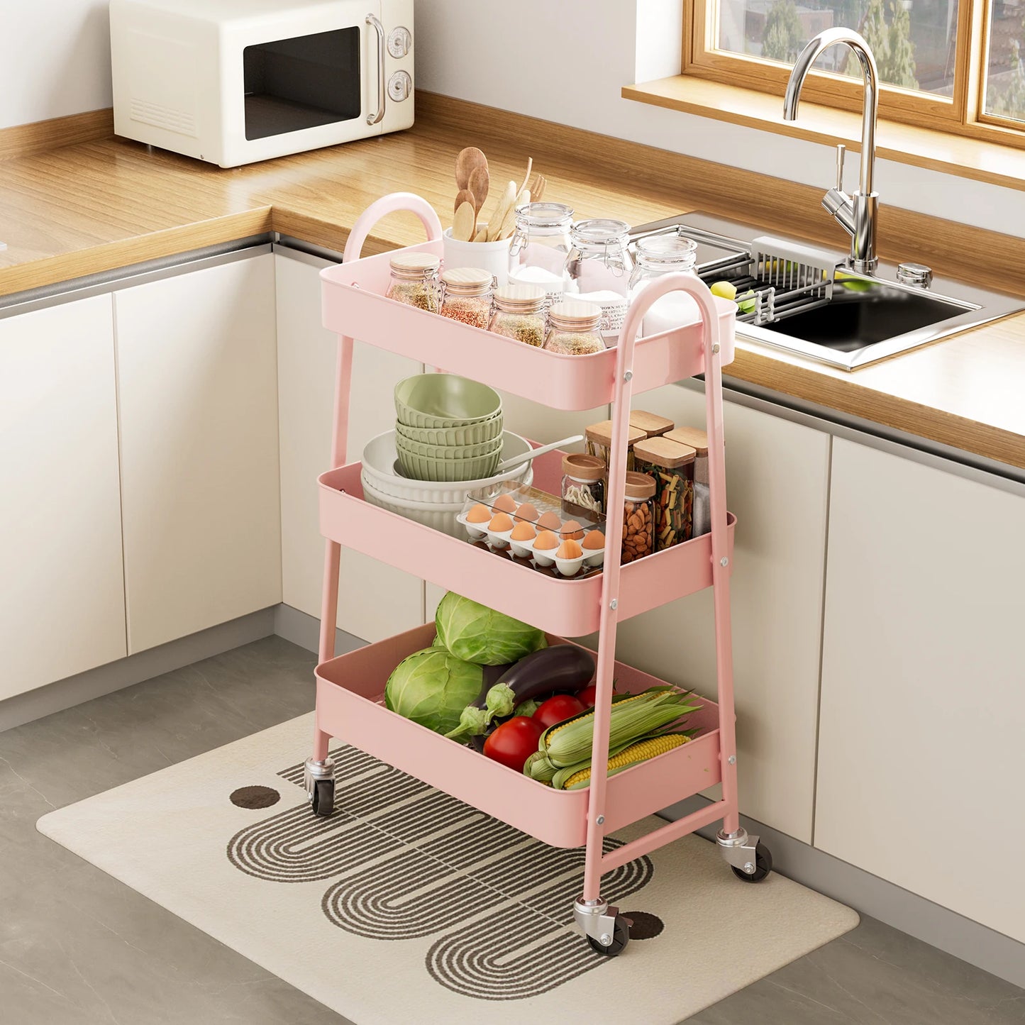 3-Tier Rolling Kitchen Cart, Mobile Storage Trolley with Wheels