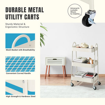 3-Tier Rolling Kitchen Cart, Mobile Storage Trolley with Wheels