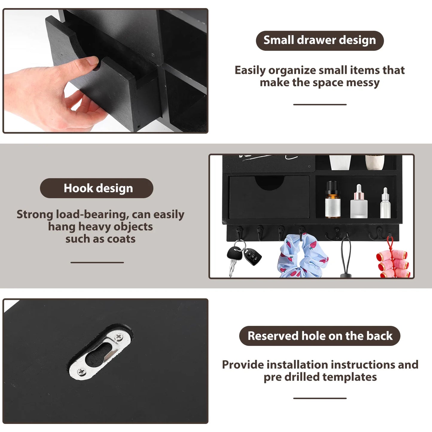 Wall-Mounted Key and Mail Organizer, Wooden Entryway Storage with Hooks