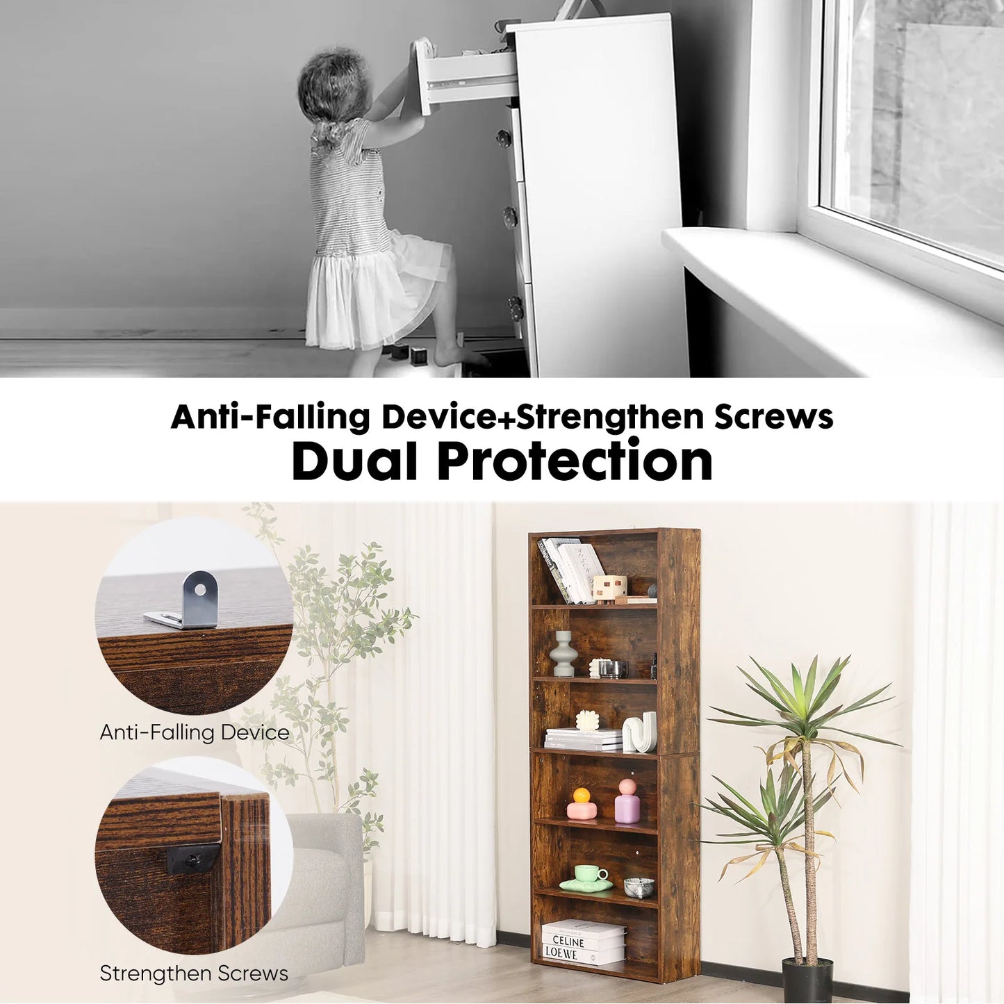 6-Tier Wooden Bookshelf, Tall Open Storage Shelf for Living Room