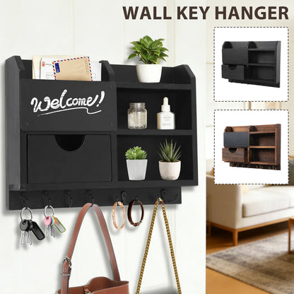 Wall-Mounted Key and Mail Organizer, Wooden Entryway Storage with Hooks