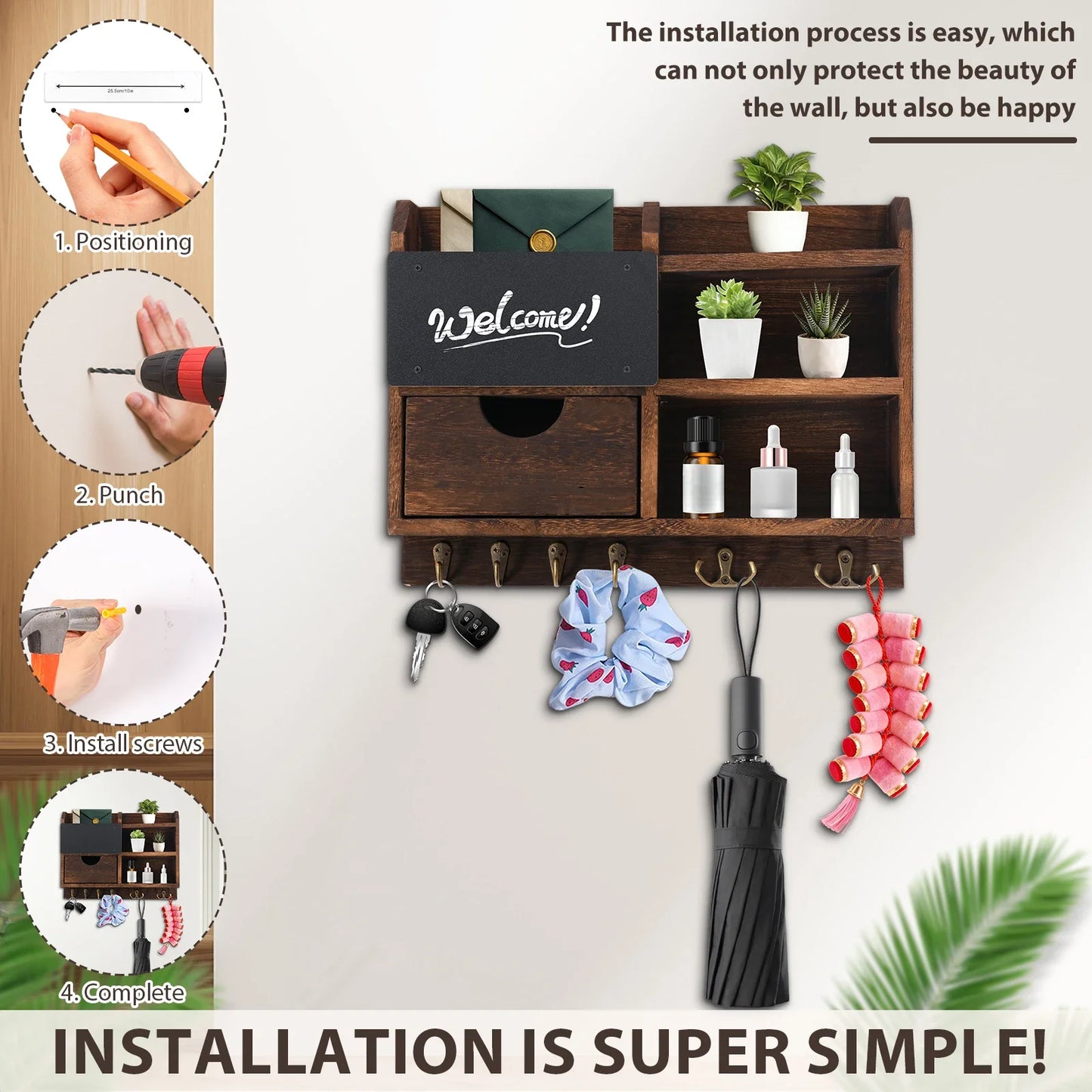 Wall-Mounted Key and Mail Organizer, Wooden Entryway Storage with Hooks